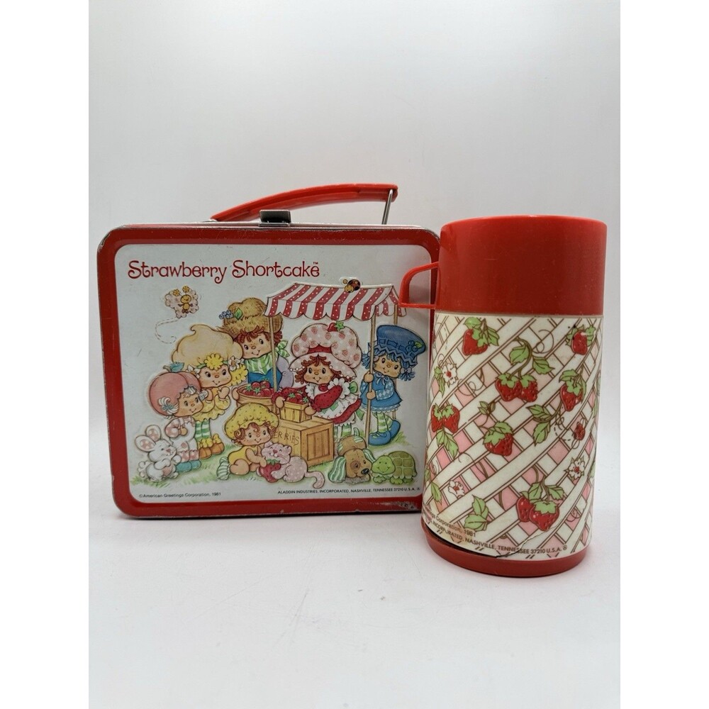 Vintage 1981 Strawberry Shortcake Metal Lunchbox Aladdin Tin Red w/ Thermos